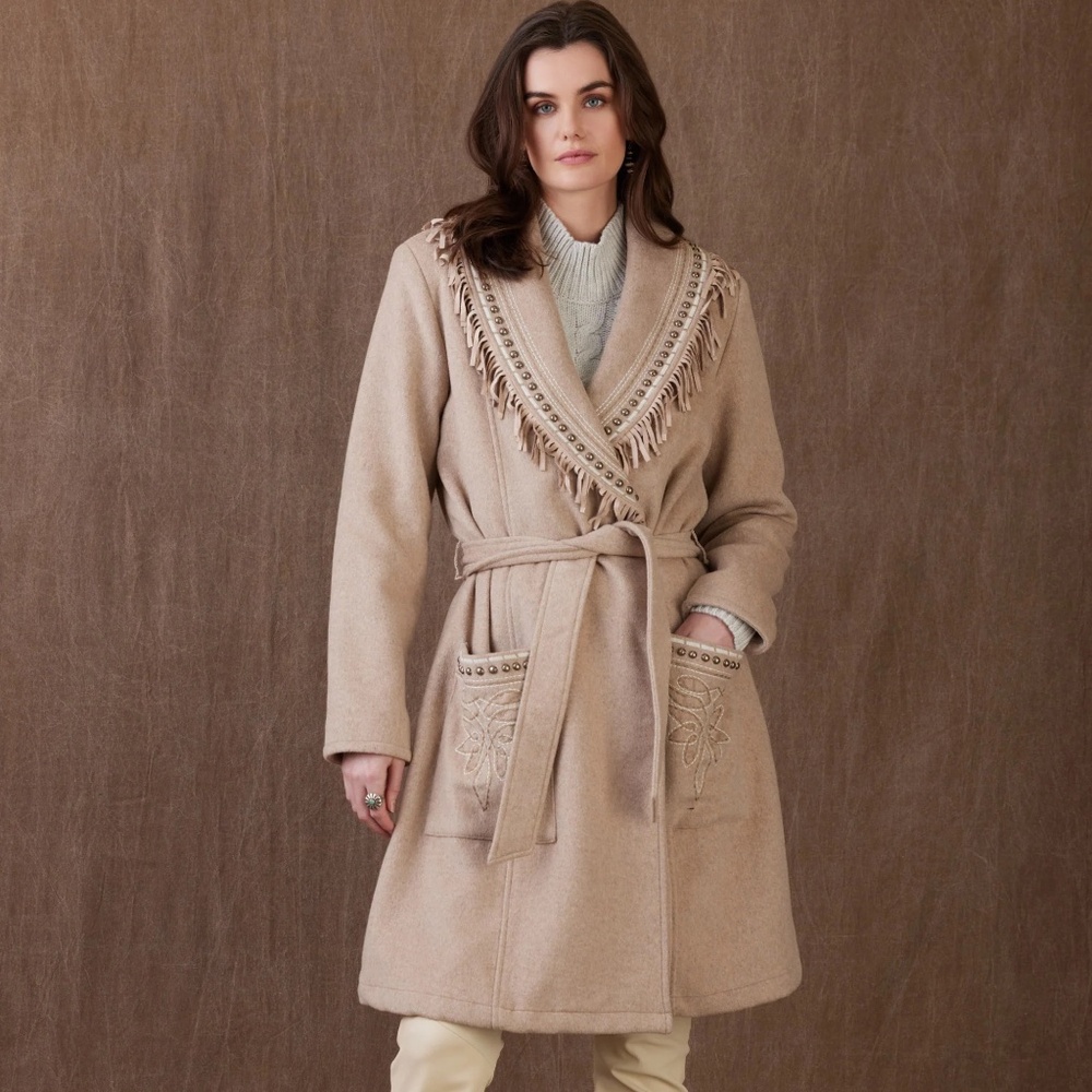 Double D Ranch Beige Fringe Wool Wrap Coat